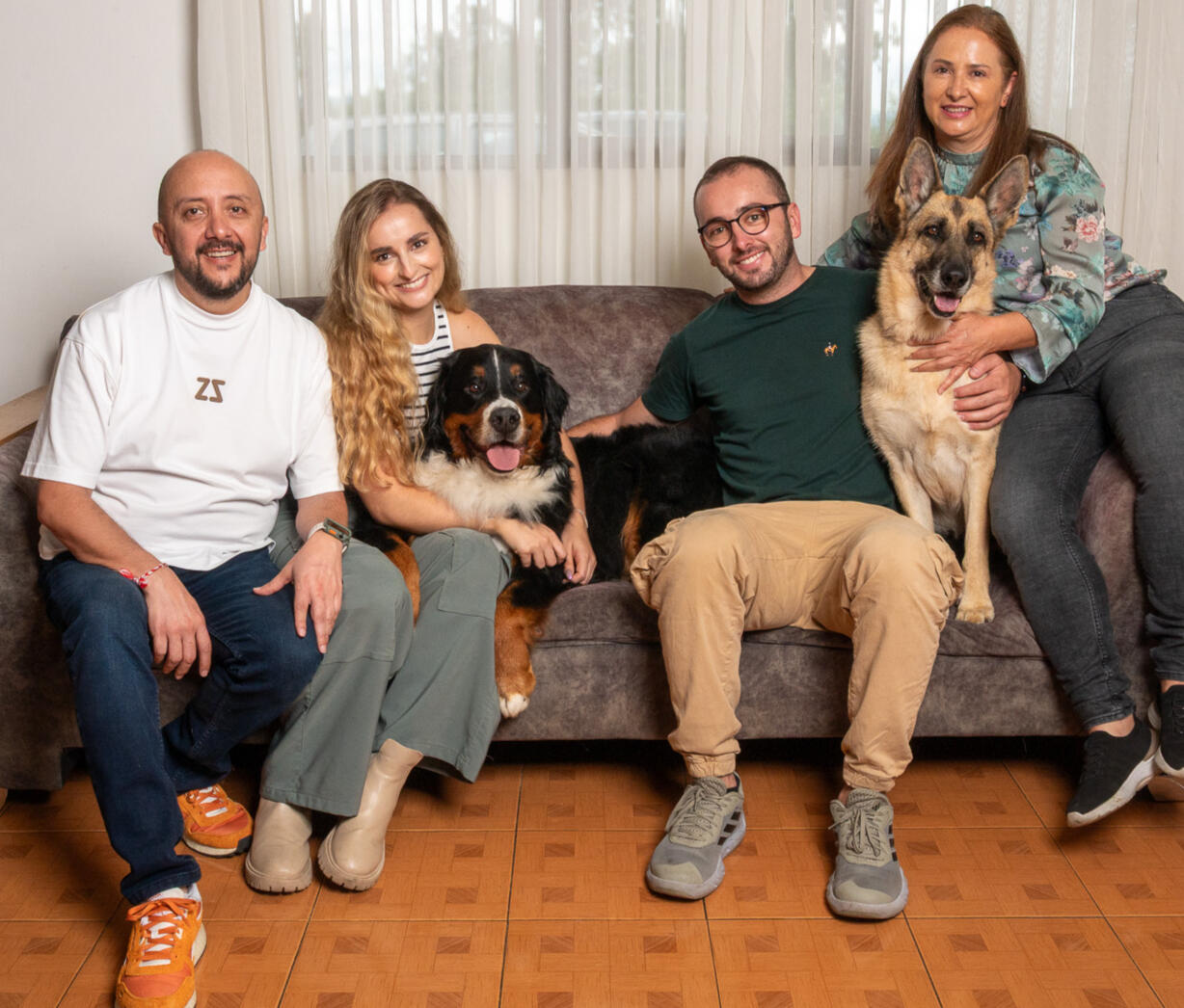 Two dogs sitting together in a studio portrait, looking at the camera.